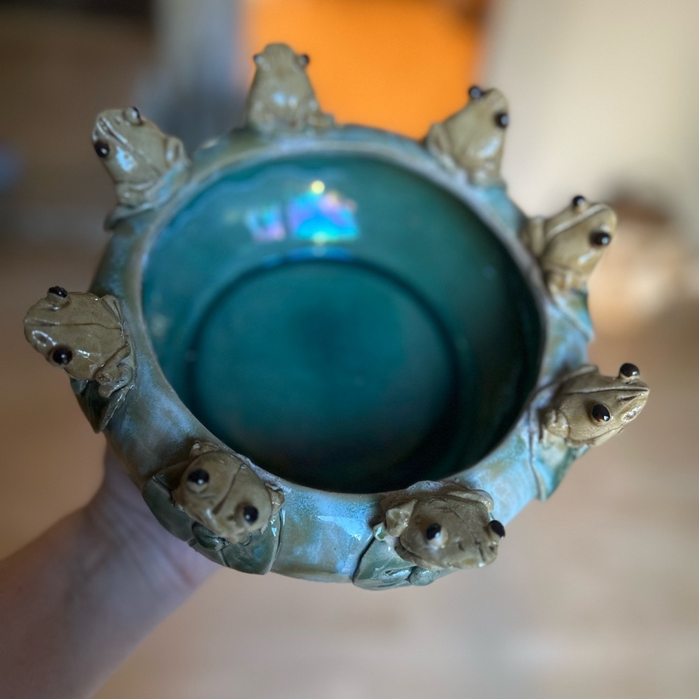 Vintage FROGS Blue Green Majolica Frog Planter ceramic plate bowl